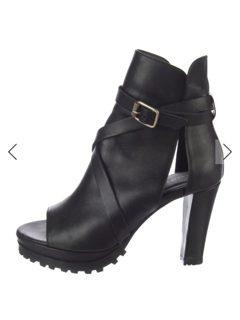 AllSaints Solid Black Leather Open Toe Harness Buckle Platform Ankle Booties 7